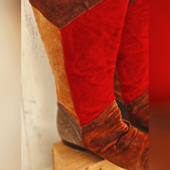 Vintage RARE Passports Suede Patchwork Knee High Low Heel Boots Red Tan Brown - Picture 5 of 15